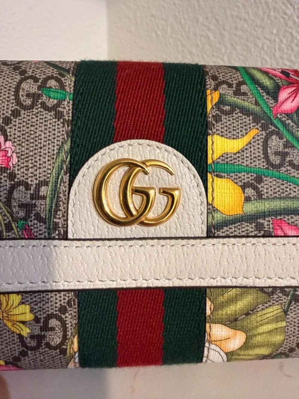 🌸 Gucci Ophidia GG Flora Continental Long Wallet with White Leather Trim